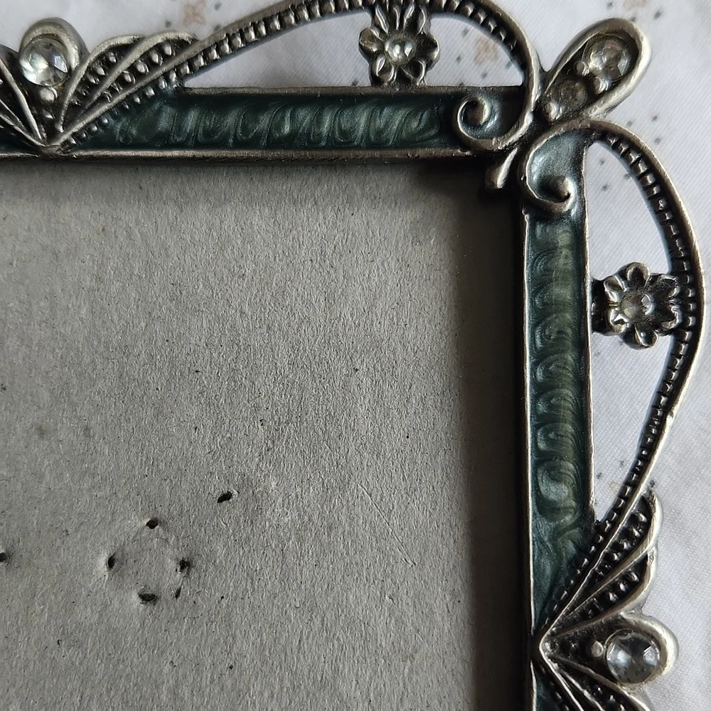 Vintage Green Enamel Ornate Rhinestone Elegant Square Photo Frame